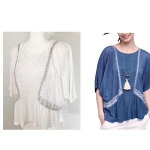 Anthropologie Akemi + Kin Linen Dolman Top with Embroidered Detail XS CreamTan